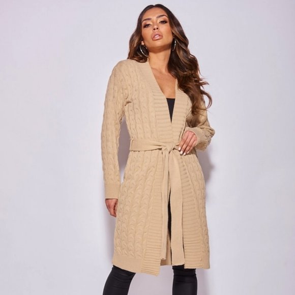 Sweaters - Knitted Long Sleeve Belted Long Midi Cardigan Sweater Duster